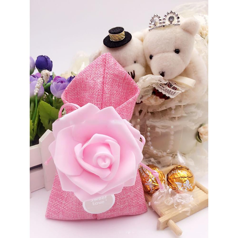 50pcs 9×18cm Geschenktüten mit Blumen Leinen Schmuckbeutel Schmuckbeutel Geschenkbeutel Leinensäckchen für Hochzeit Babydusche Weihnachten Party Schmuck Süßigkeiten Rosa