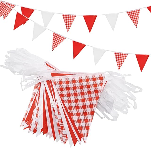 20m 52pcs Red White Plaid Pennant Bunting,16×22cm Polyester Fabric Reusable Triangle Flags Banner for Indoor Outdoor Valentine's Day Birthday Kid Party Decorations