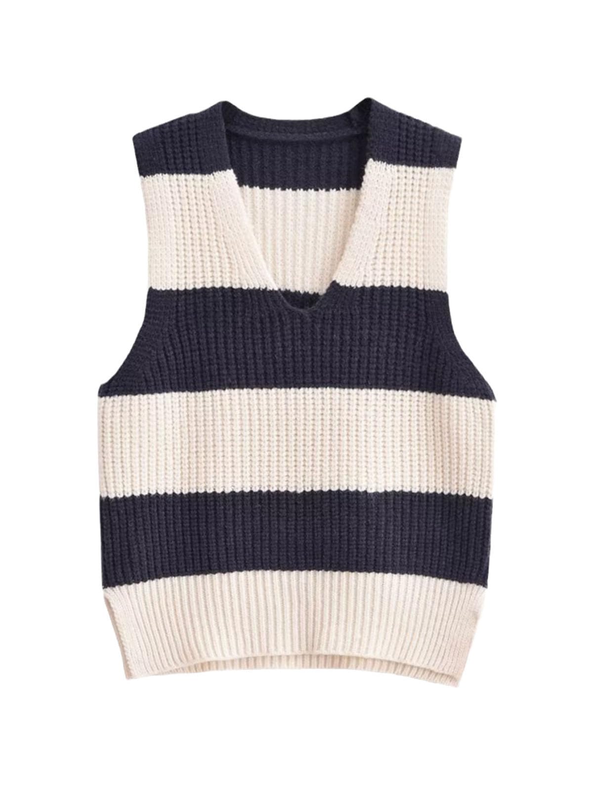 Mnjyihy Women's Knit Stretch Sweater Tank Top Women's Fashion Stripe Sleeveless V Neck Sweater Tank Top 01 S