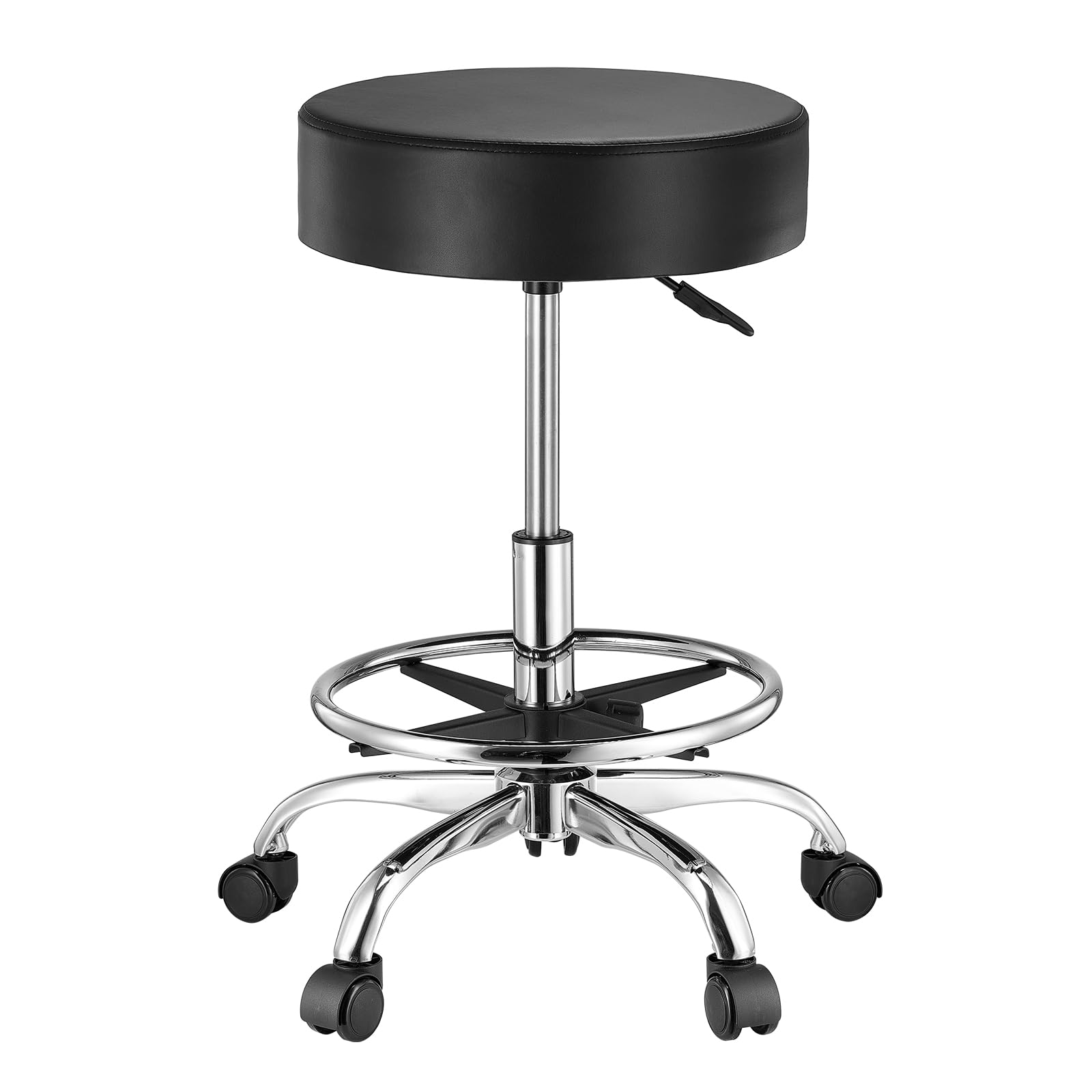 VEVOR Sattelhocker Rollhocker 204 kg belastbarer höhenverstellbarer (55-71 cm) Drehhocker Arbeitshocker mit Rückenlehne & Fußstütze, PU-Leder-Drehsattelstuhl für Salon Spa Massage Klinik Schwarz