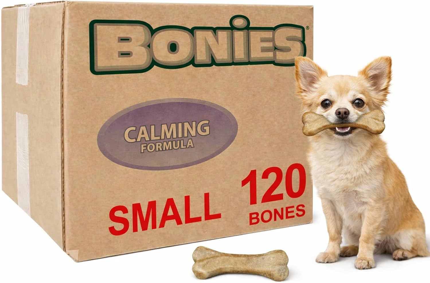 Bonies Natural Calming Formula Small-Sized Single Bone - Contains Chamomile & Lavender, Help Anxiety, Excessive Barking & Trembling, Chicken Flavor, Small Dogs, 120 Bones