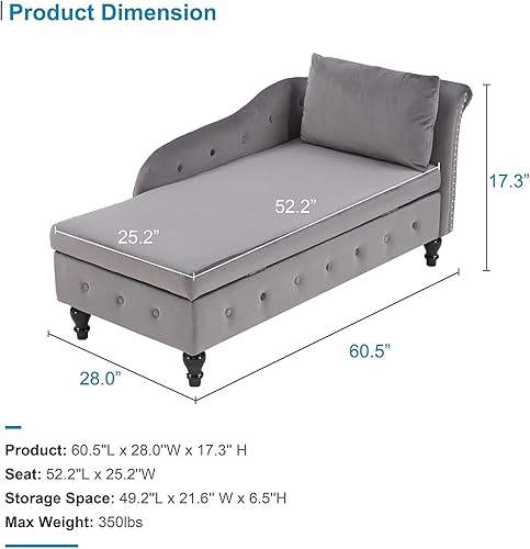 Miniatura 2 de Chaise Lounge Indoor with Storage, Upholstered Chaise Lounges Couch with Pillow for Living Room, Bedroom and Office, Modern Nailhead-Trimmed Tufted