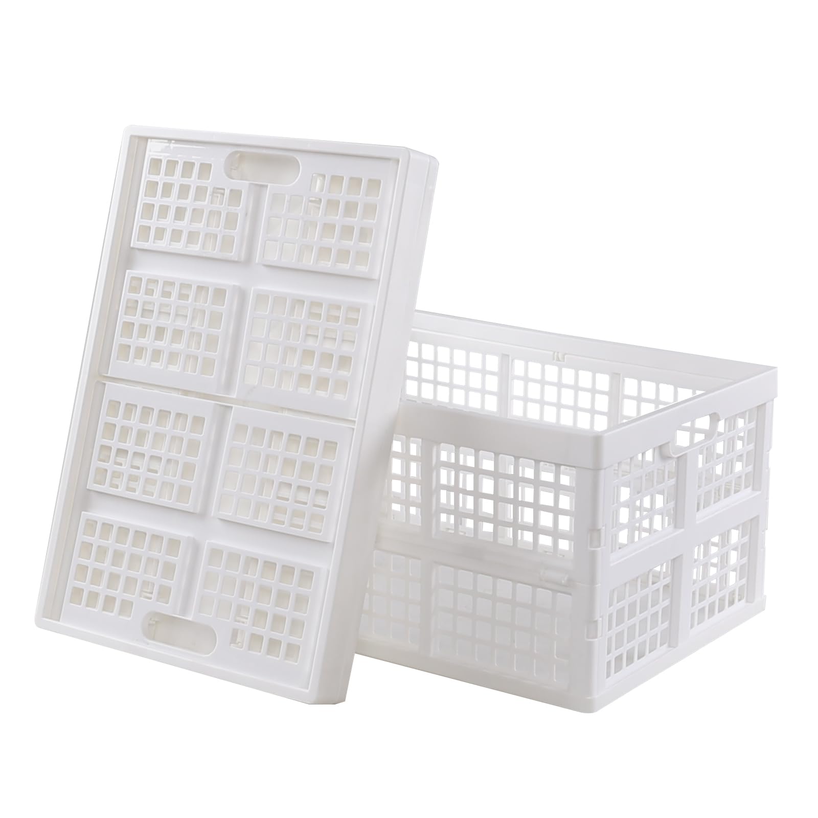 Xowine 2-Pack Large Plastic Collapsible Storage Crate, 40 L Large Stackable Folding Storage Basket, White
