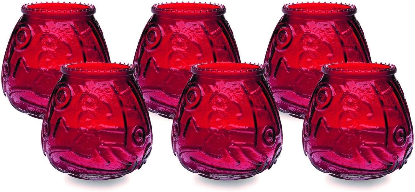 Sterno Euro-Venetian Centerpiece Glass Jar Wax Candles, Decorative Vintage Votive Vintage Holder for Bar or Restaurant, Burns Up to 45 Hours, Pack of 6 - Red