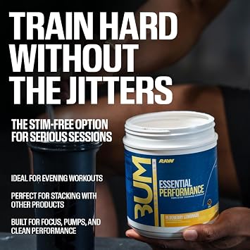 RAW Essential Performance Non-Stim Pre-Workout Powder - Preworkout for Endurance Strength & Focus Without Caffeine or Stimulants - Creatine Monohydrate, L-Citrulline & Beta Alanine - Blue Rathberry