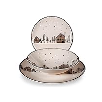 H&H Servizio Tavola 18 Pezzi Warm Wishes in Stoneware Decorato – Stile Invernale e Natalizio – Piatti Beige e Mocha con Casette e Alberi – Lavabile in Lavastoviglie, Microonde – Ø 26, 20,5, 20 cm