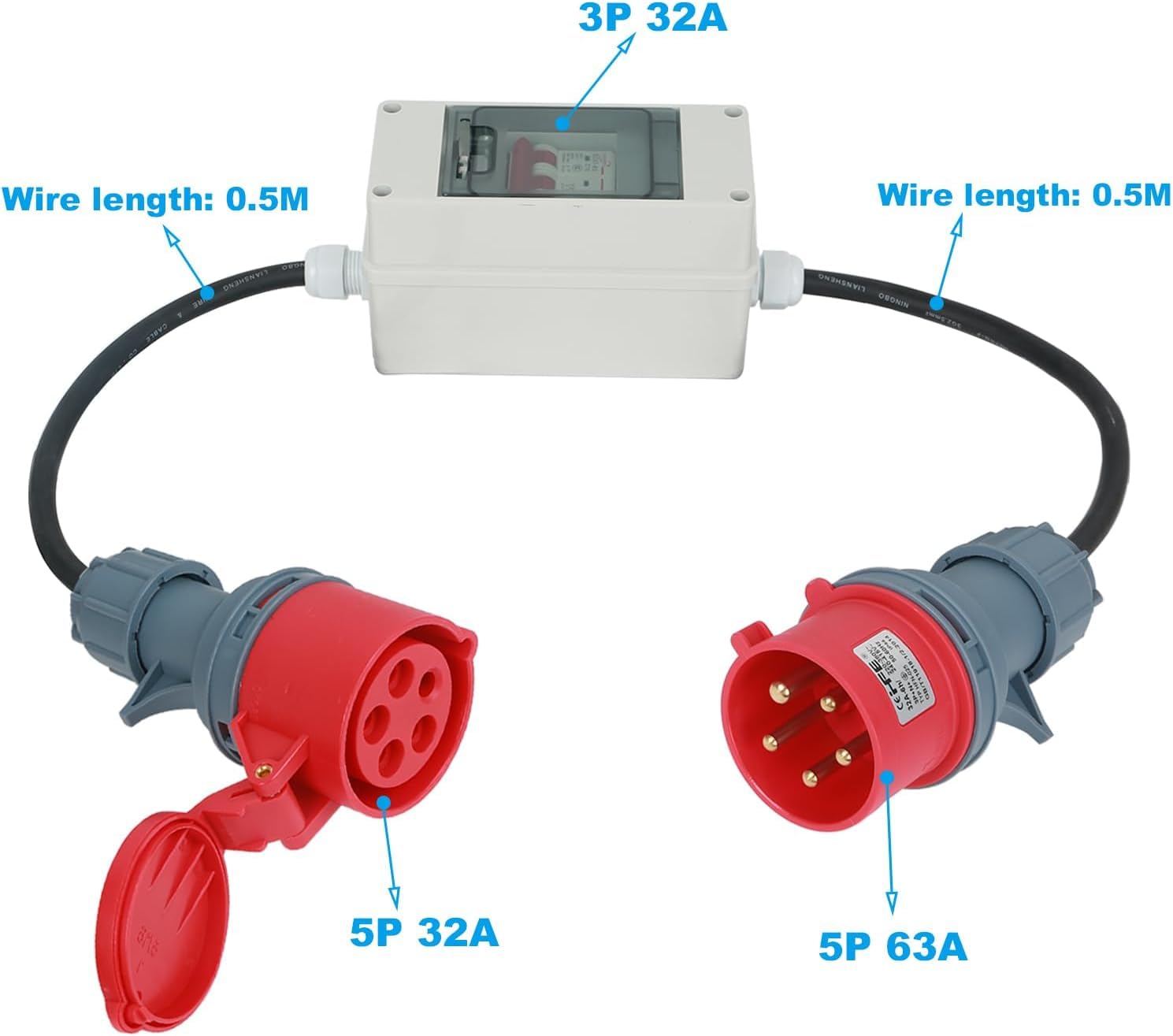 Adapter CEE 63 A 400 V wtyczka na 32 A 400 V sprzęgło z wyłącznikiem nadprądowym 32 A, H07RN-F 5G4/5G6 5 x 2,5 mm² kabel gumowy, wtyczka CEE IP44