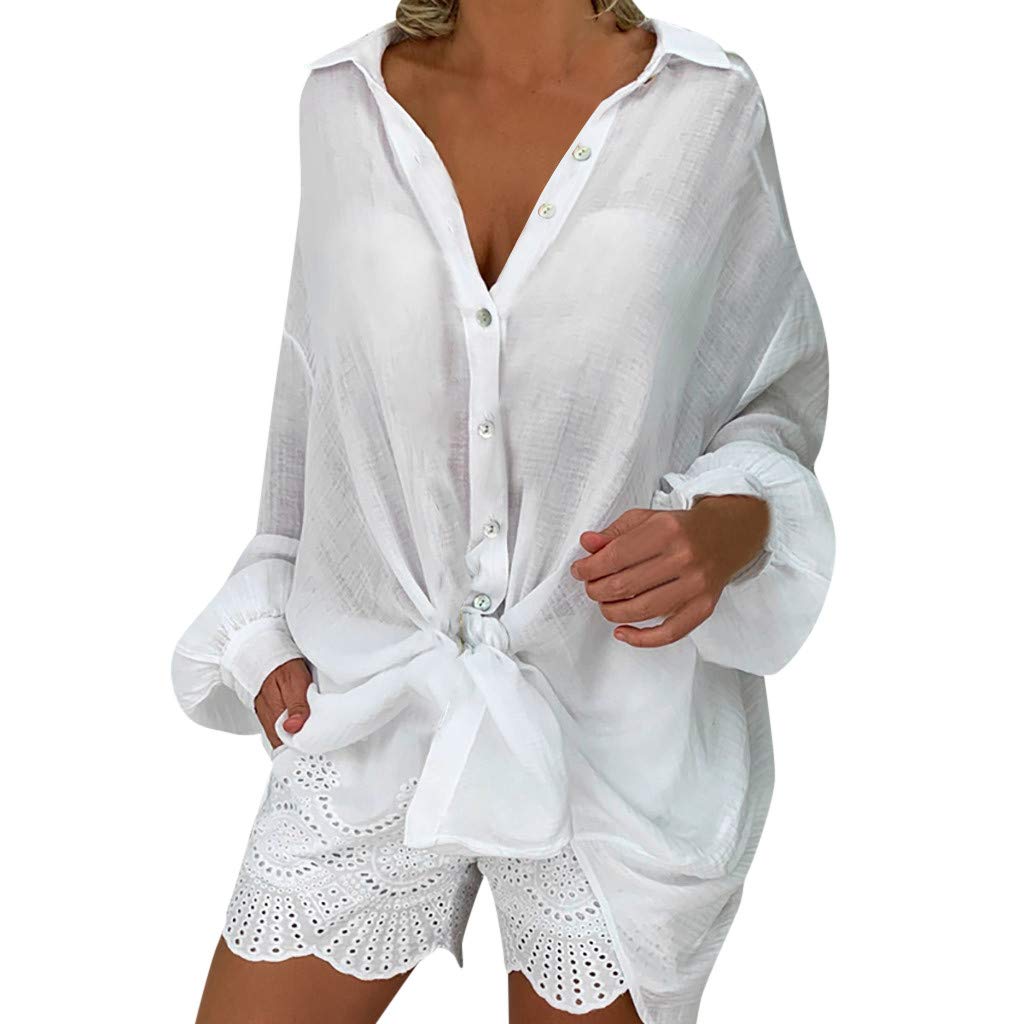 Women's Long Sleeve Button Down T-Shirt Lapel Neck Plus Size Solid Color Casual Long Tops