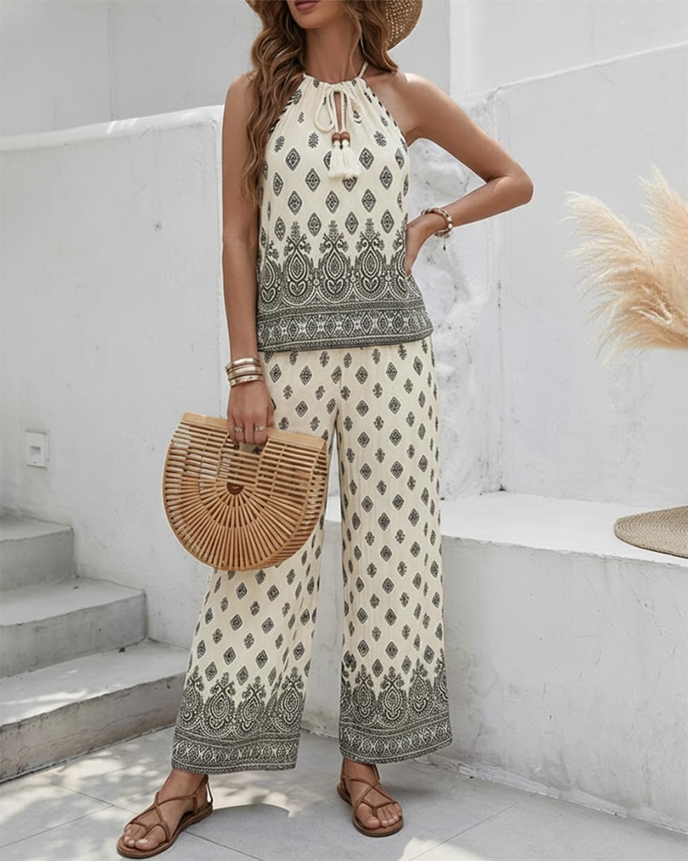 CHICME Womens Summer 2 Piece Boho Outfits Sleeveless Halter-Neck Top and Elastic Waist Wide Leg Pants Vacation Set - Image 2