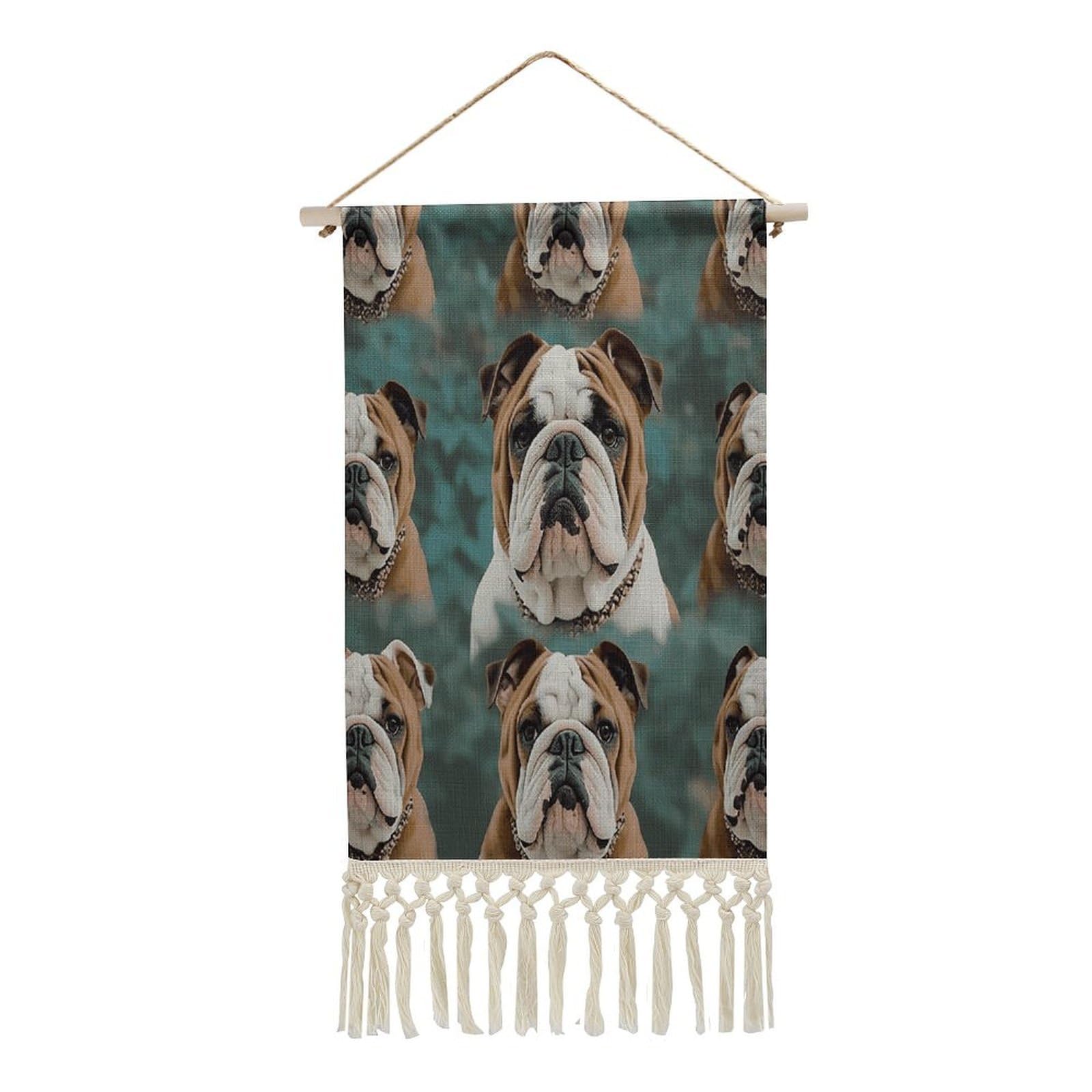 VstaDank Funny English Bulldog Wall Art Decor with Tassels 20"x10" Cotton Linen Hanging Tapestry Decor Wall Art Prints Wood Frame Boho Wall Art Poster for Bedroom Living Room Office