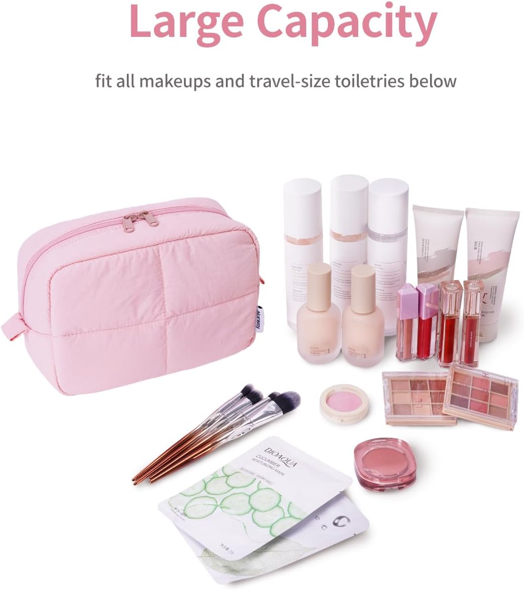Narwey Pink Makeup Bag for Travel Women Girl, Quilted Cosmetic Bag Make up Organizer Bags with Compartments, Puffy Travel Toiletry Bag Toiletries (Pink) - Image 3