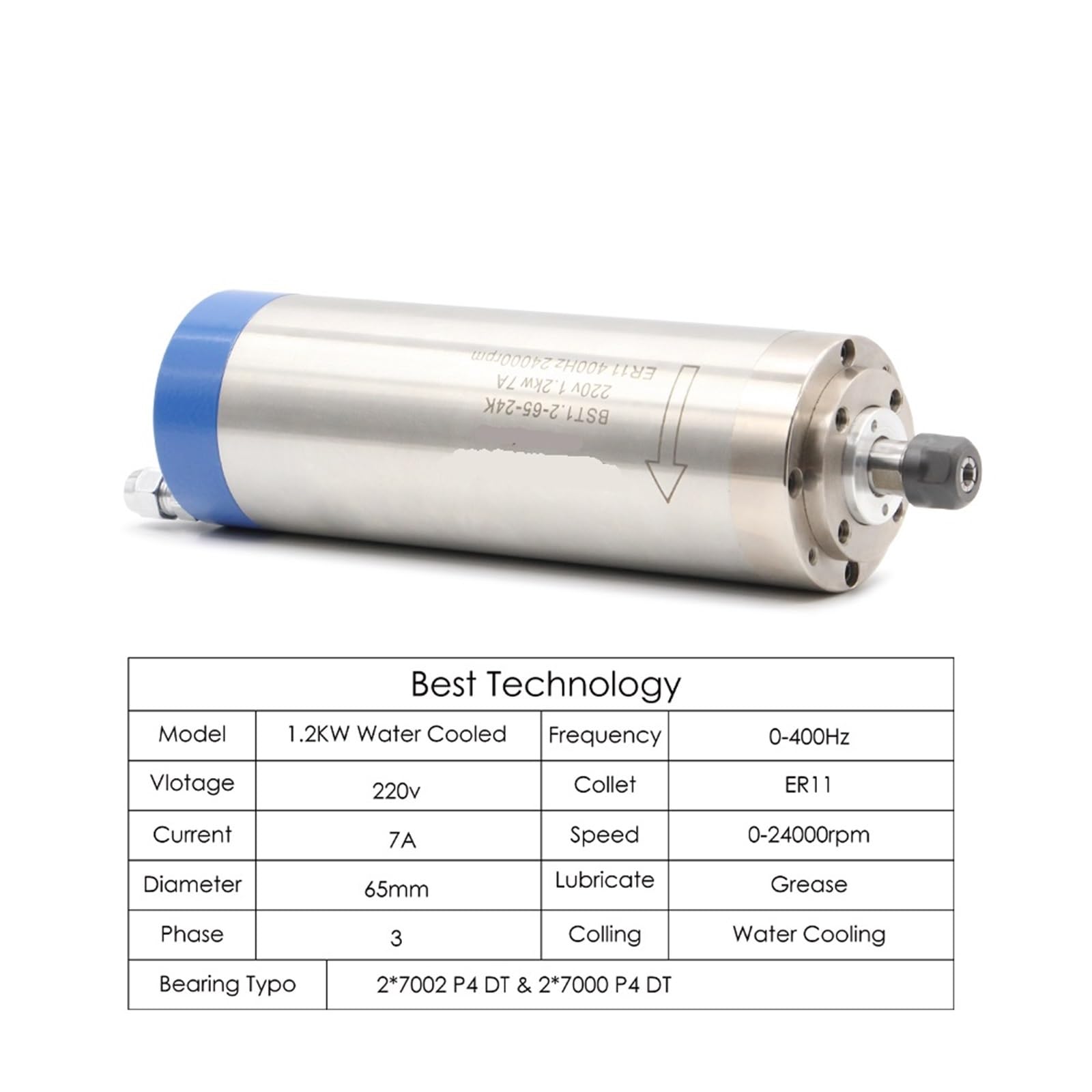 Motore raffreddato ad acqua ER11 da 1,2 kW, 220 V, D=65 mm, 400 Hz, 4 cuscinetti, macchina CNC for lavorazione del legno, 65 * 196 mm