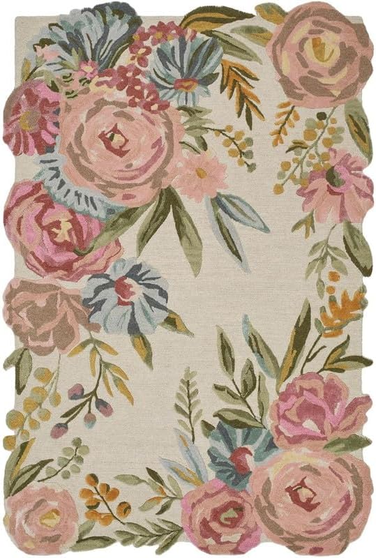 10x14 Ft Hand Tufted Wool Area Rug, Vintage Floral Border Multicolor Botanical Design on Ivory Base, Premium Handmade Carpet for Living Room Bedroom Home Décor