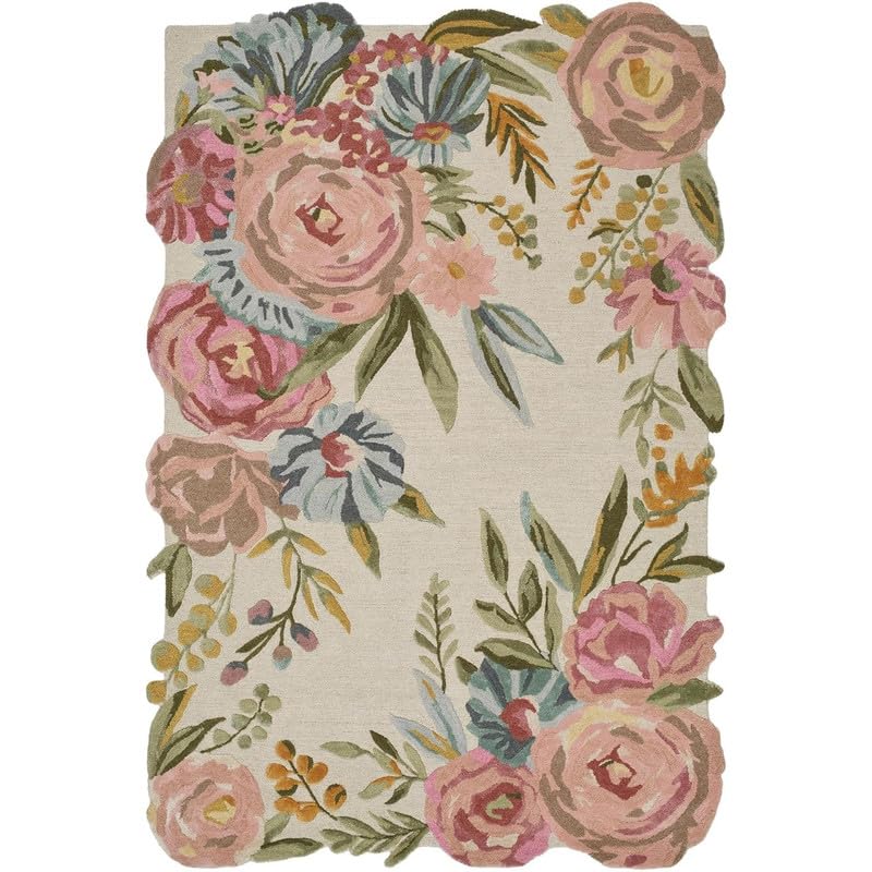 Image of Handmade PremiumANAYA Collection Woollen Rug Loop Pile Floral Hand Tufted Carpet for Living Room Bedroom Drawing Room Hall and Floor 3X5 Size