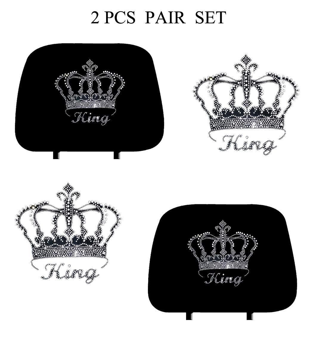 ALLBrand Universal Fit Car Truck King Crown Crystal Diamond Bling Rhinestone Studded Seat Headrest Covers - Pair (King Crown-Black)