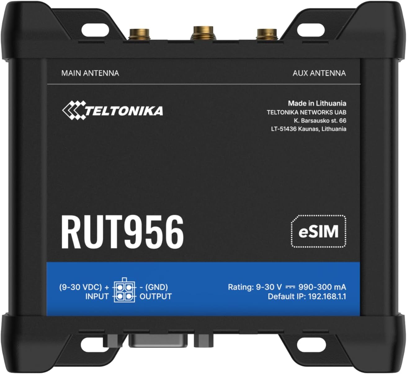 RUT956 Industrial Router, 4G Cat 4, 3G, 2G Wi-Fi, Dual SIM, 10/100 Ethernet, GPS, Secure VPN, Multiple I/Os, RS232, RS485