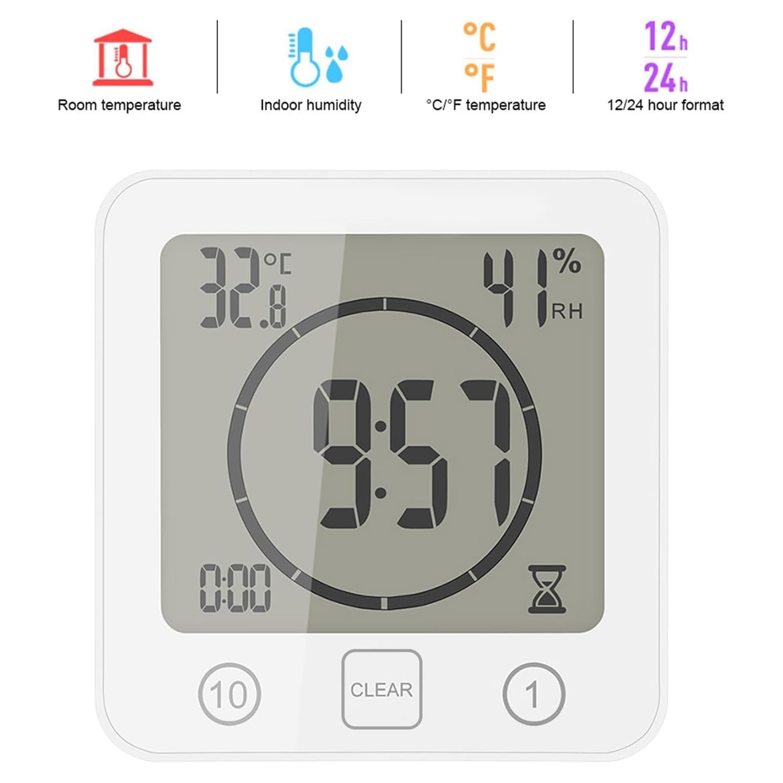 Reloj de Ducha Digital Con Termómetro, IP24 Resistente, Temporizador de Alarma Para Baño Con Higrómetro, Gran Pantalla LCD, Timer de Cocina