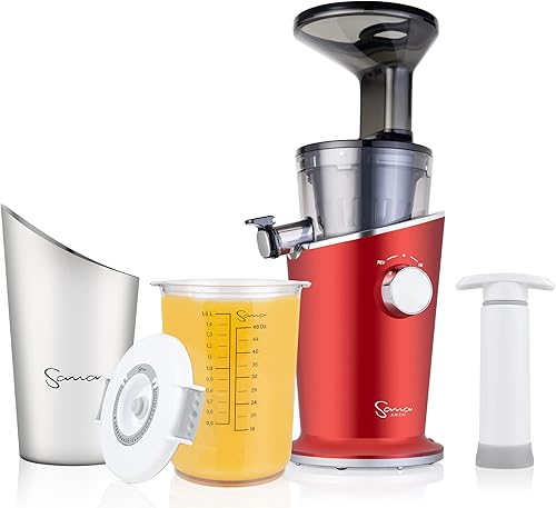 SANA 848 - Exprimidor fácil de limpiar con recipiente de jugo de sellado al vacío, dos pantallas de jugo sin malla (finagruesa), almacena jugo