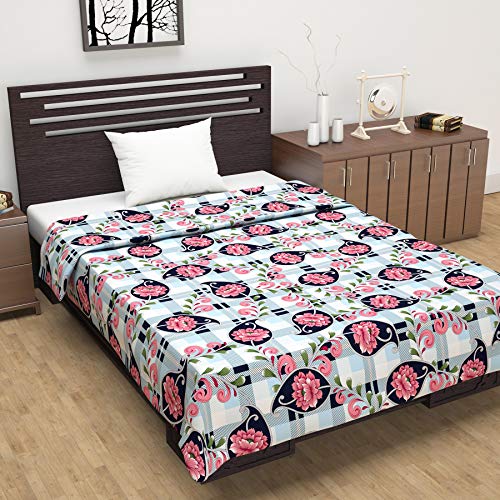 Image of Divine Casa Glace Cotton 120 GSM Reversible Lightweight Printed Single Bed AC Dohar Blanket Quilt - Peach n Navy Blue