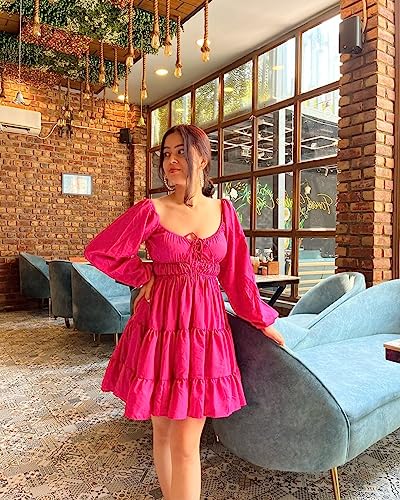 Image of Tandul Women Fit and Flare Dress Above Knee /Mid Thigh Length Casual Pink Crepe Dress, (6583)