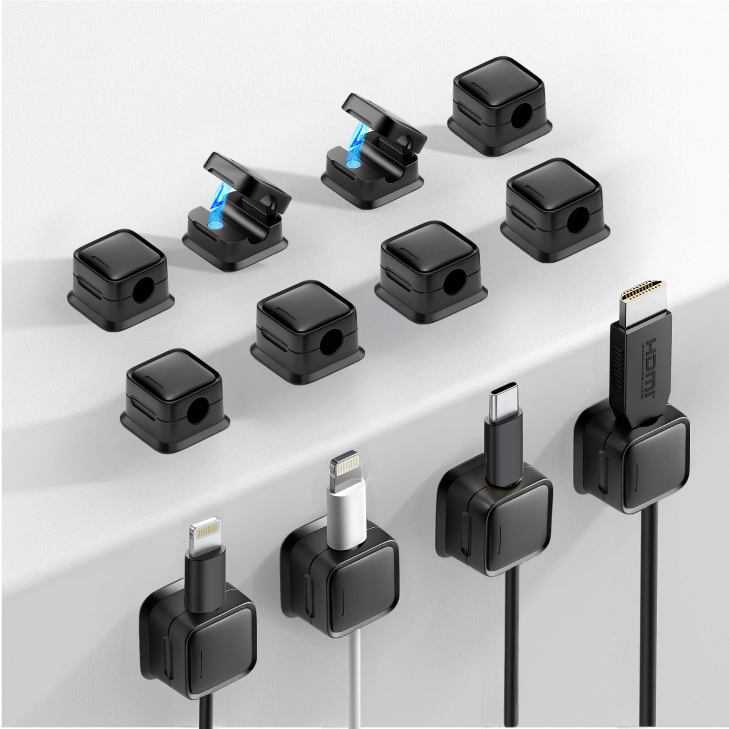 12 Pack Cable Management Clips, M-Xeotei 2-in-1, Magnetic and Adhesive,Cable Holder, Multi-Surface Cord Organizer for Metal/Wood/Plastic, Space Saving Switchable Base Works on Desk/Car/Office (Black)