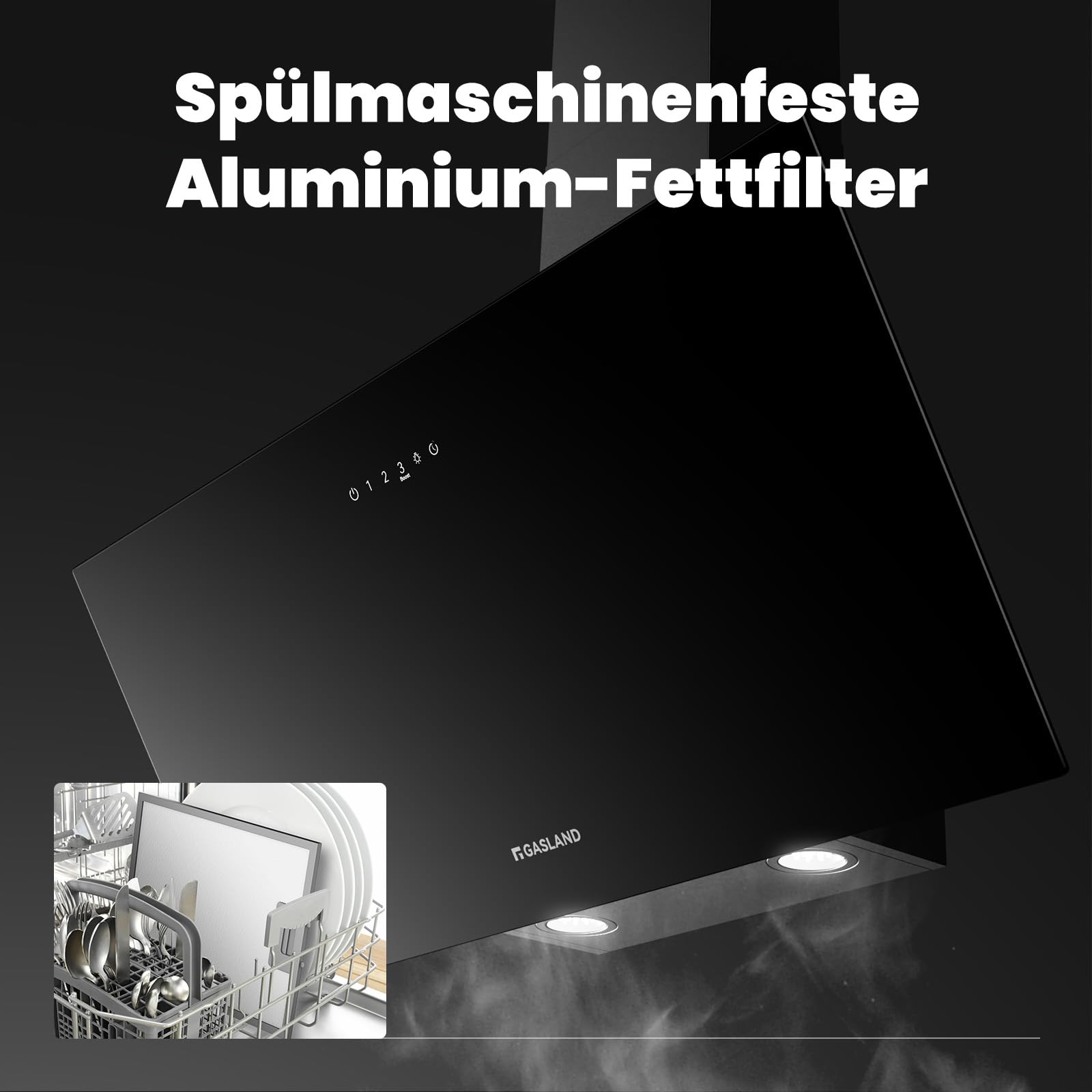 GASLAND AR90BS A++ Cappa da Parete 90 cm, Aspirazione & Ricircolo, Silenziosa, 567 m³/h, 4 Velocità + Modalità Booster, Filtro a Carboni Attivi CF176 Incluso, Installazione a Muro, Vetro Nero