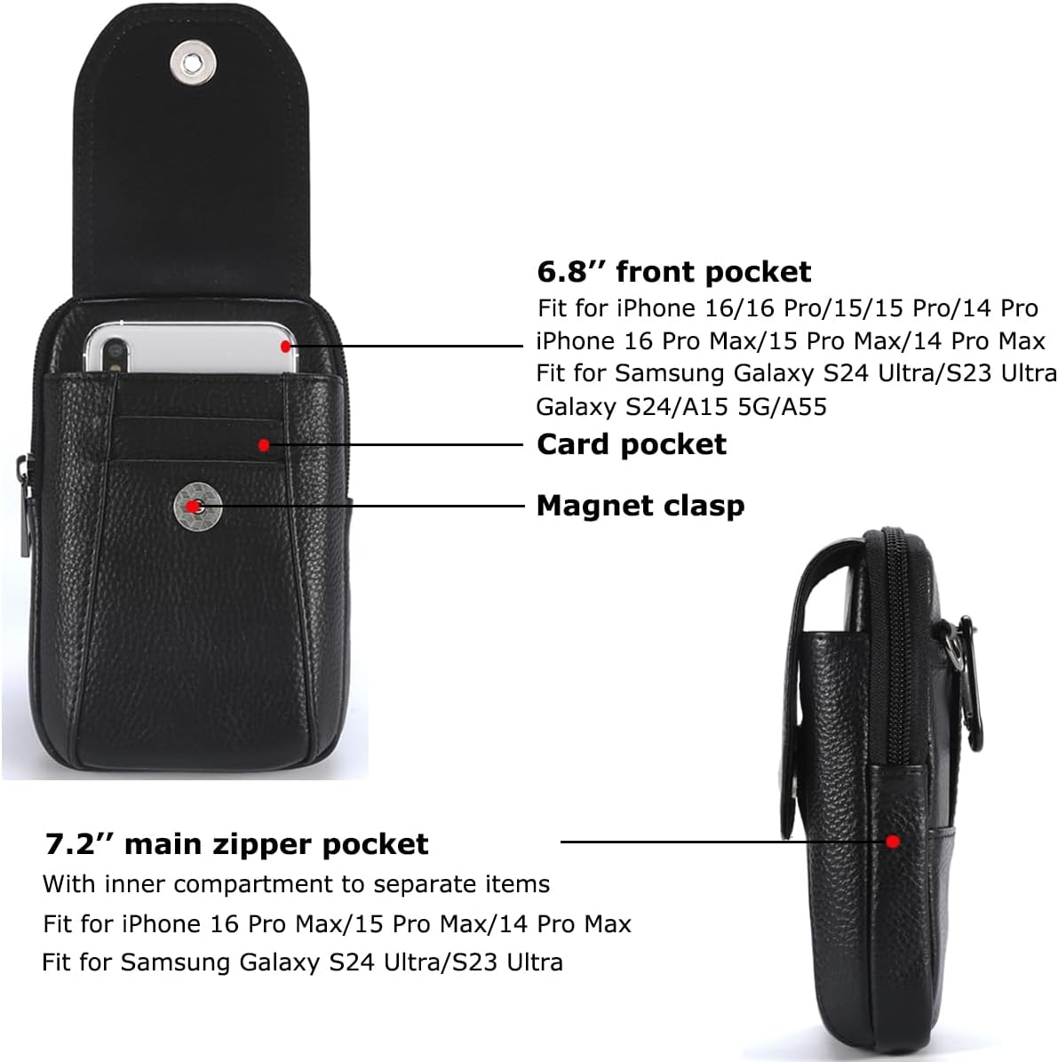 VIIGER Genuine Leather Cell Phone Shoulder Holster with Belt Loop Compatible for iPhone 17 Pro Max 16 Pro Max Galaxy S25 Ultra A15 5G, Multi-Pocket Crossbody Phone Bag Wallet Purse Belt Clip Pouch - Image 2