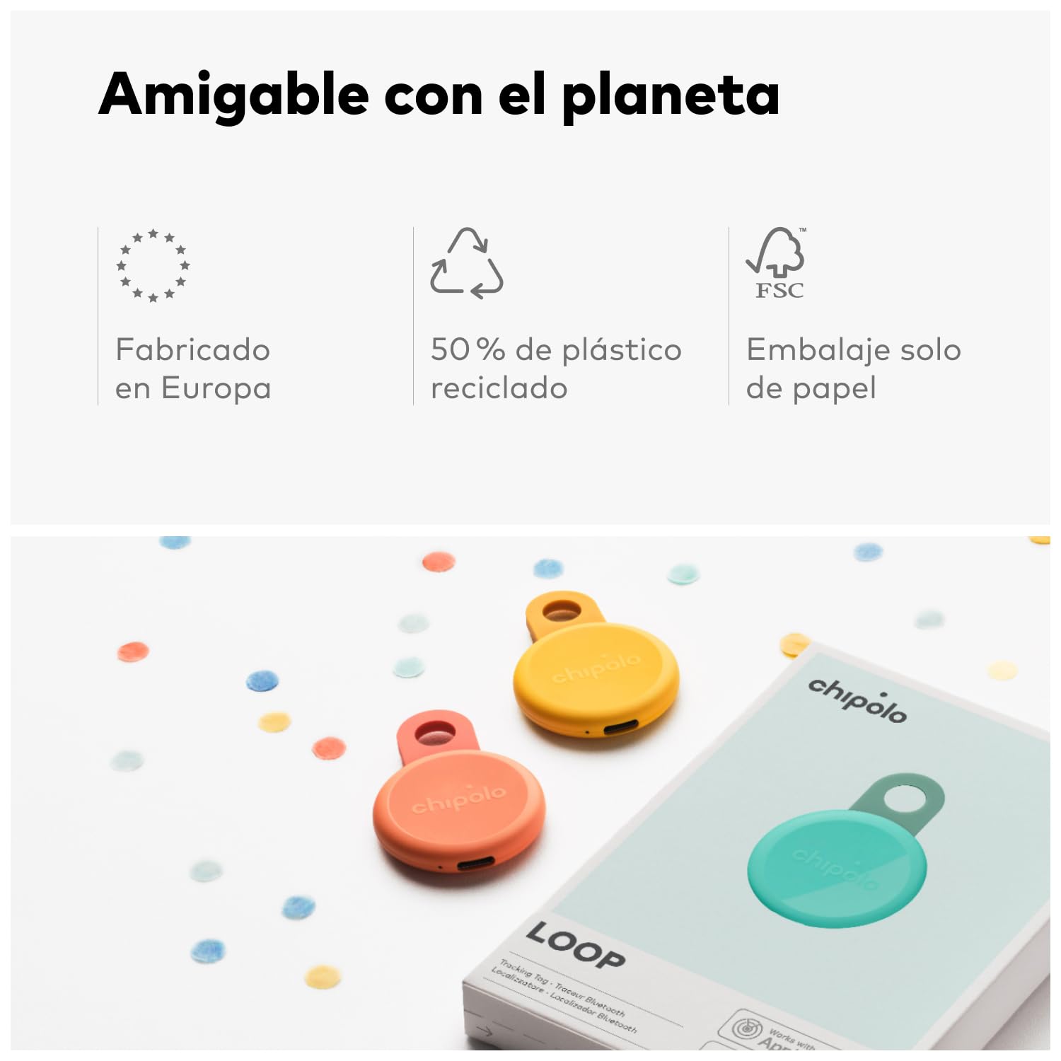 Chipolo Loop - Dispositivo de rastreo Bluetooth Recargable para Llaves y Bolsos, Compatible con Buscar de Apple o con Localizador de Google, Llama tu móvil y Alertas Fuera de Alcance - 4 Pack