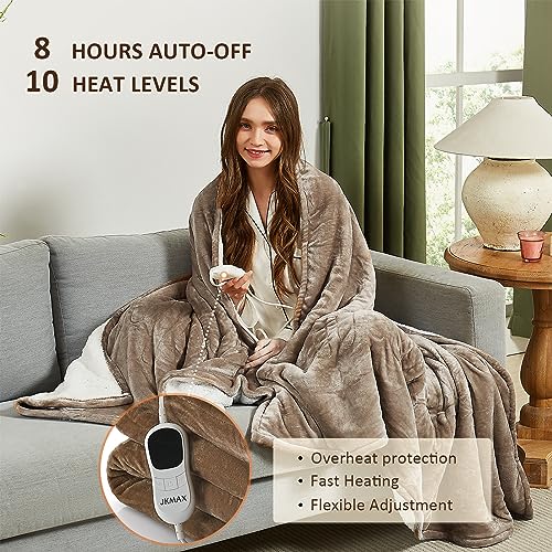 JKMAX Heated Electric Blanket King Size - 100"x90" Flannel Heating Blanket with 10 Heating Levels & 5 Time Settings Over-Heat Protection, Winter Warmer for Adults with ETL Certification(Ivory)
