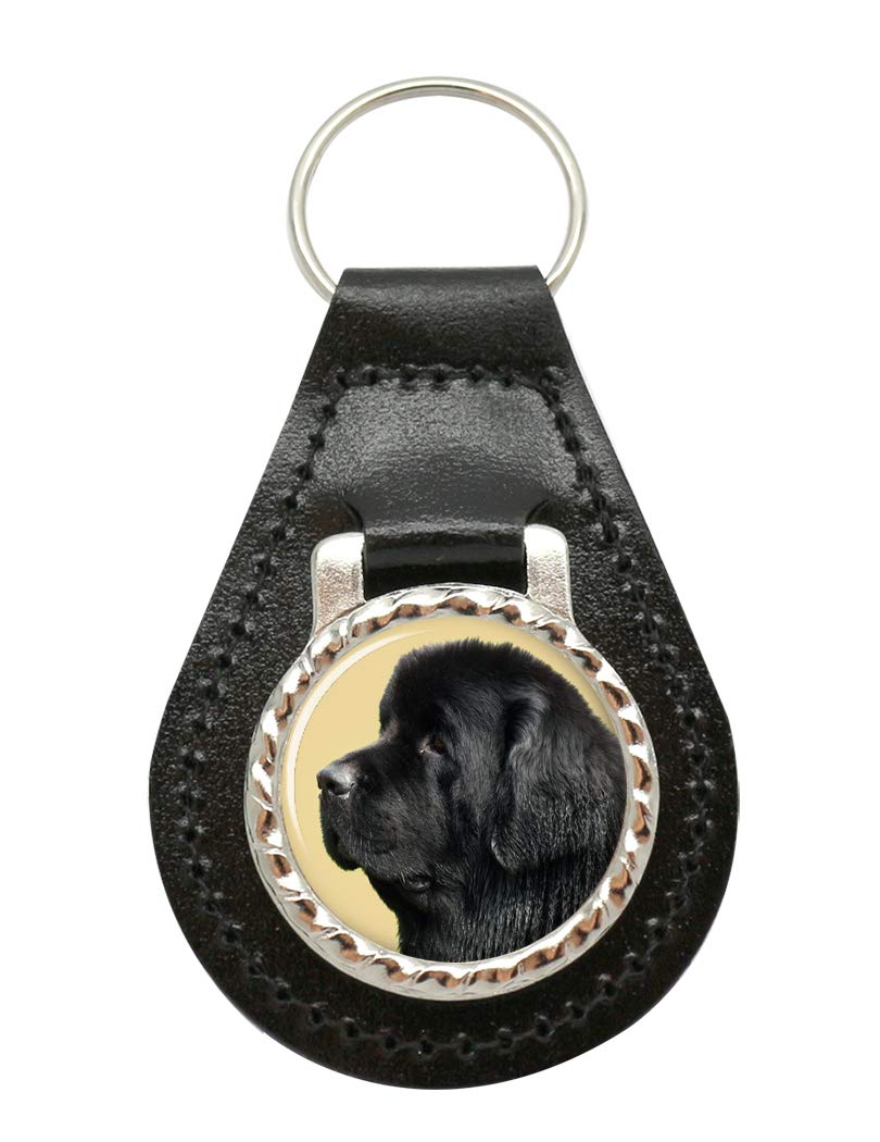 Giftshop Uk Unisex Black Leather And Silver Metal Newfoundland Dog Leather Key Fob