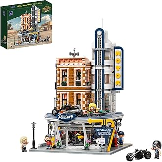 - Retro Motorcycle Diner & Bar Building Set - Modular Street Corner Architecture Kit with Interactive Doors, Openable Walls, 4 Motorcycles & 5 Exclusive Minifigures for Display & Play
