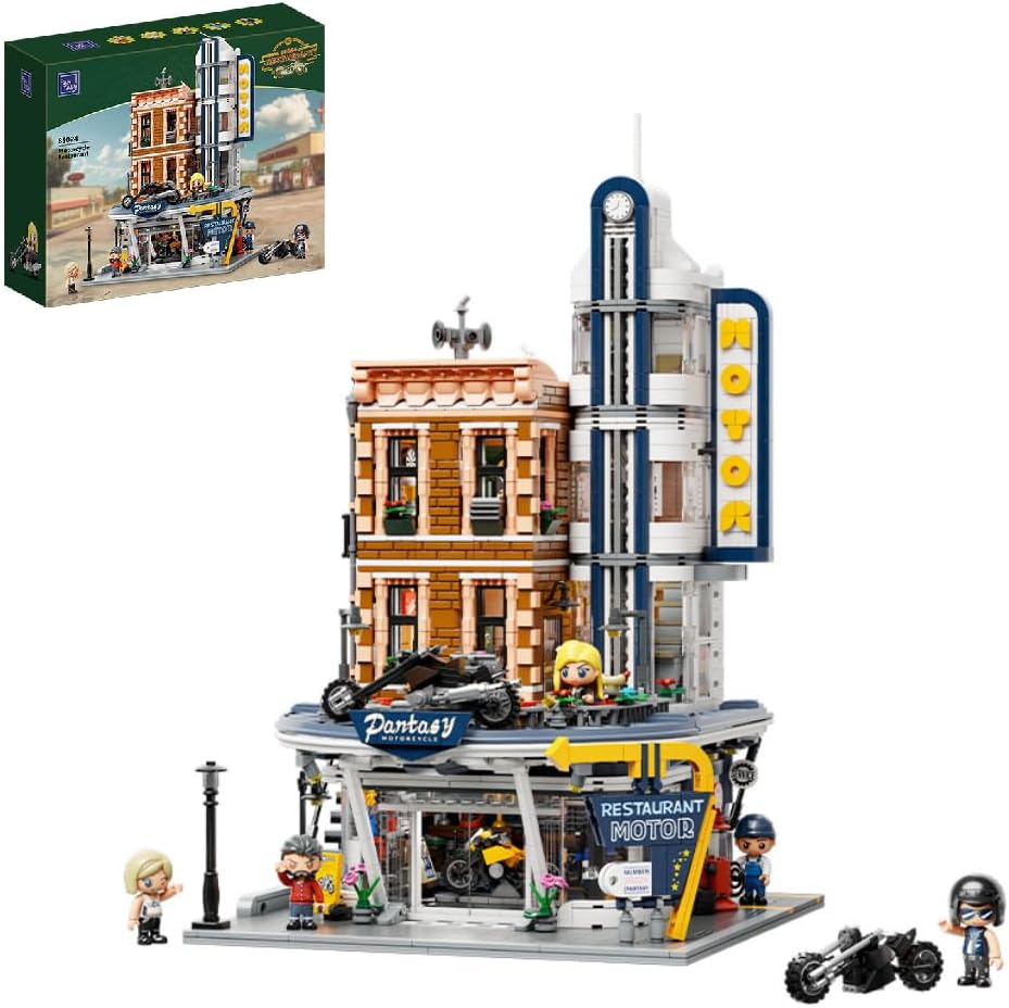 - PANTASY Retro Motorcycle Diner & Bar Building Set - Modular Street Corner Architecture Kit with Interactive Doors, Openable Walls, 4 Motorcycles & 5 Exclusive Minifigures for Display & Play