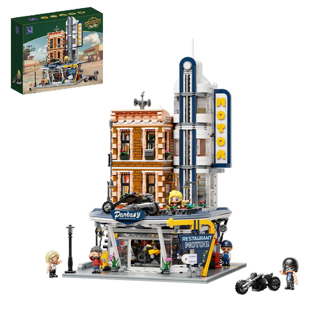 - Retro Motorcycle Diner & Bar Building Set - Modular Street Corner Architecture Kit with Interactive Doors, Openable Walls, 4 Motorcycles & 5 Exclusive Minifigures for Display & Play