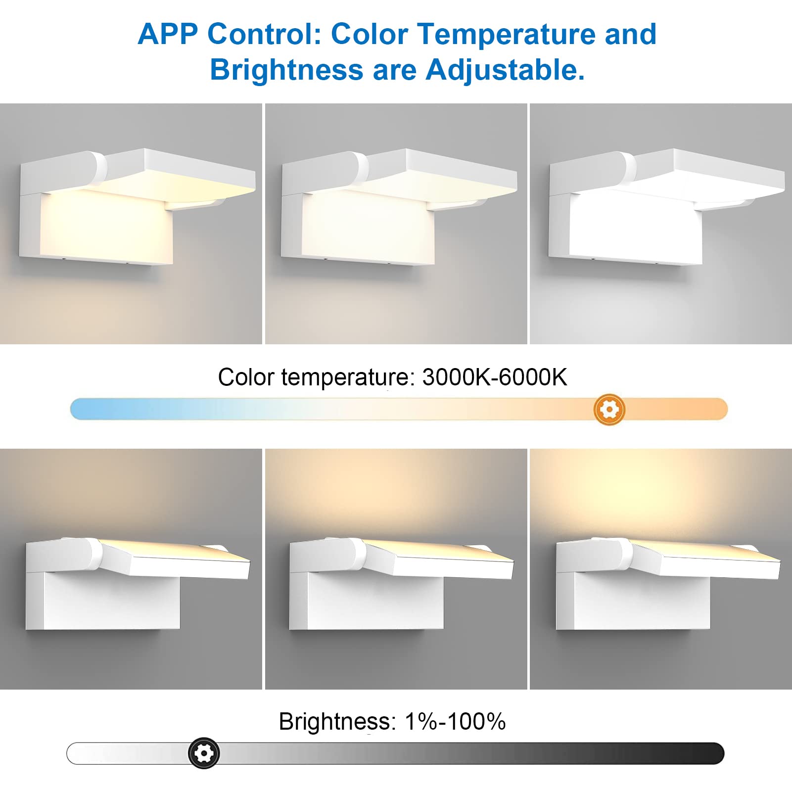 Klighten 24W buitenwandlamp dimbaar met APP bediening, timer, draaibaar LED paneel, wandlamp binnen buiten, waterdichte IP65 wandlamp buitenlamp voor hal, wit, 1500 LM, 3000K-6000K