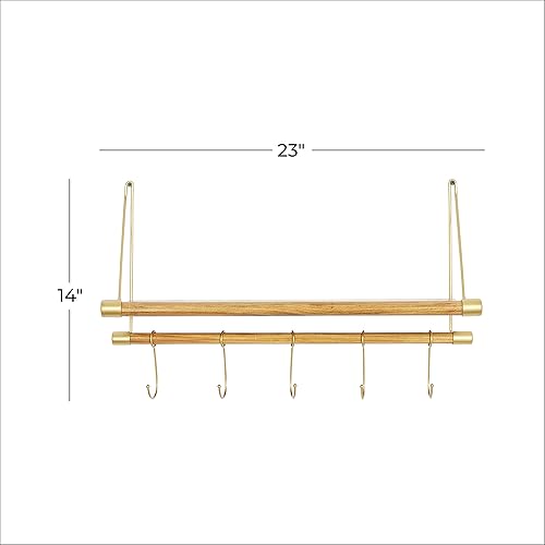 Miniatura 3 de Deco 79 1 estante y 5 ganchos de pared de madera, 23 x 6 x 14 pulgadas, color dorado