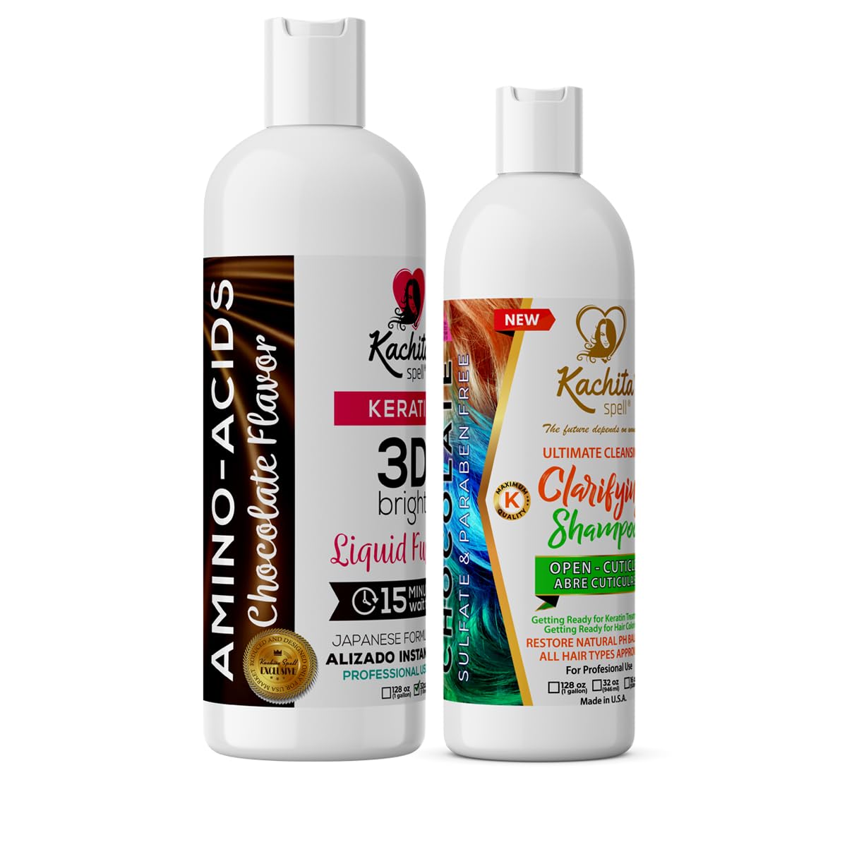 Kit Brazilian Keratin 3D IMPROVED FORMULA Treatment Hair Straighteners Hight Bright Kachita Spell + Clarify Shampoo