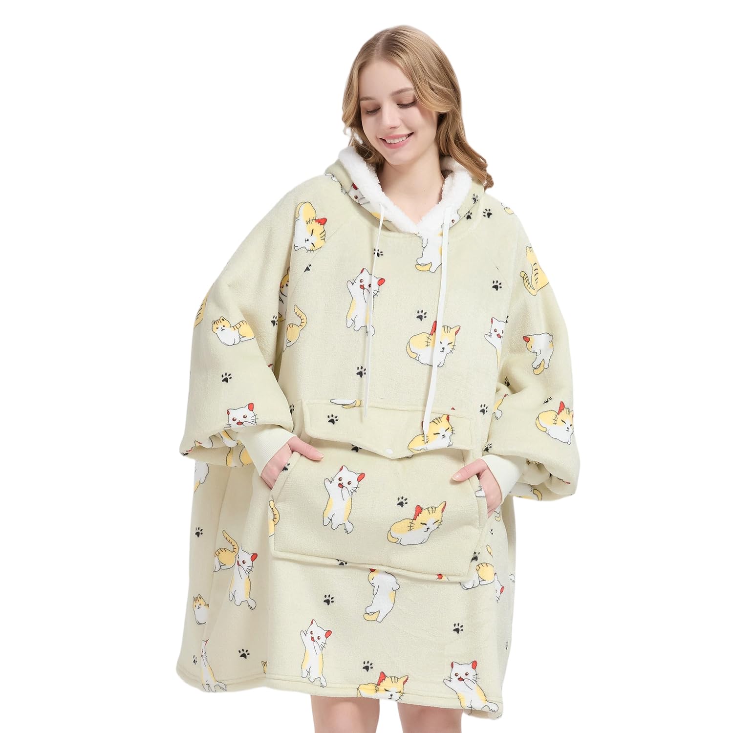 Qeils Wearable Blanket Hoodie for Women, Comfy Sherpa Sweatshirt Blanket as Birthday Christmas Gifts, Oversized Pullover Jacket Blanket Hoodie for Adult (Cat, Adult)