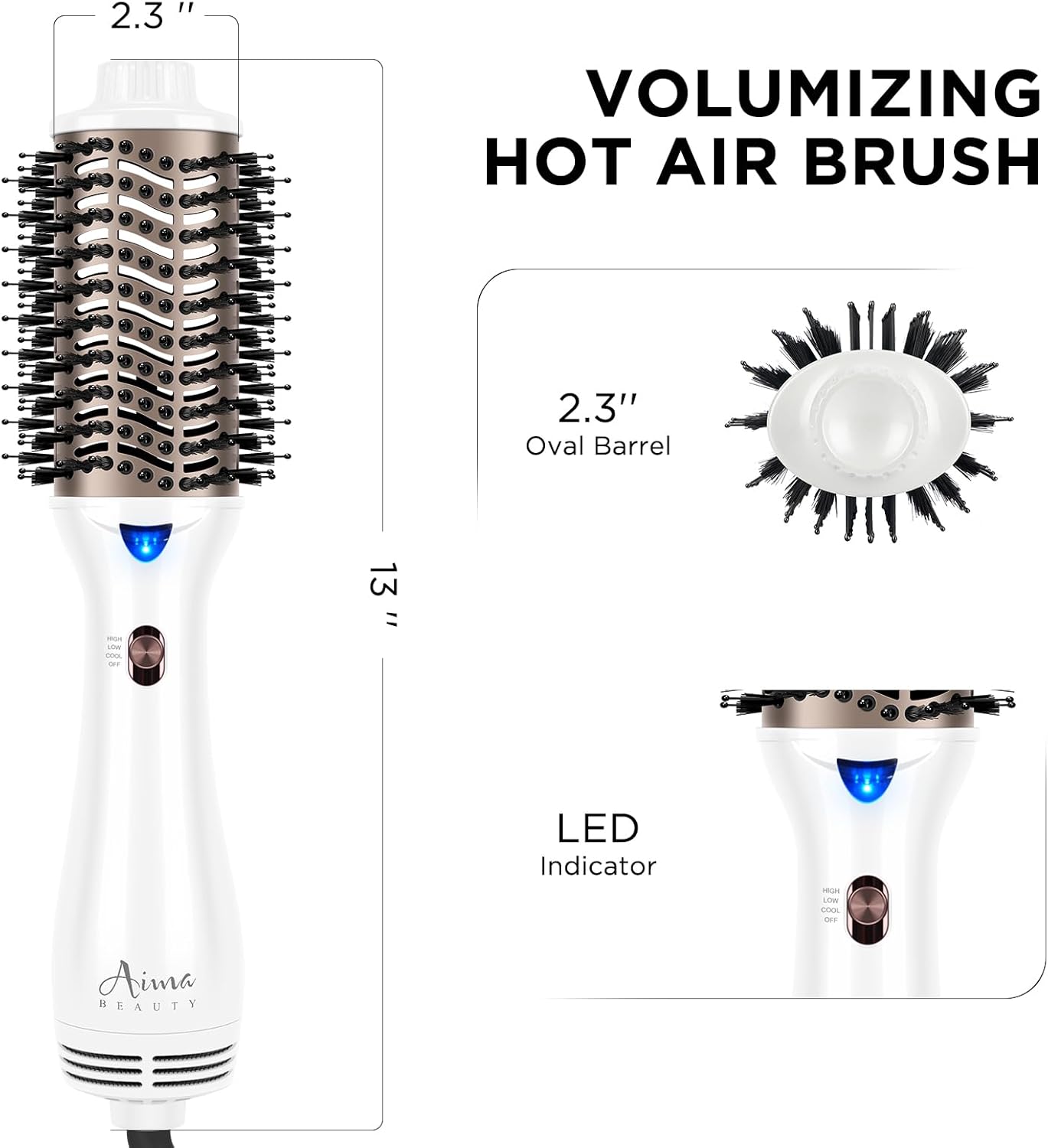 Aima Beauty Blow Dryer Brush - Ionic Ceramic Hot Air Brush for Frizz-Free Straightening & Voluminous Blowout, 2.3‘’/ 60mm Oval Barrel with Nylon Bristles, 360 Surrounded Vent, 3 Heat Settings, White