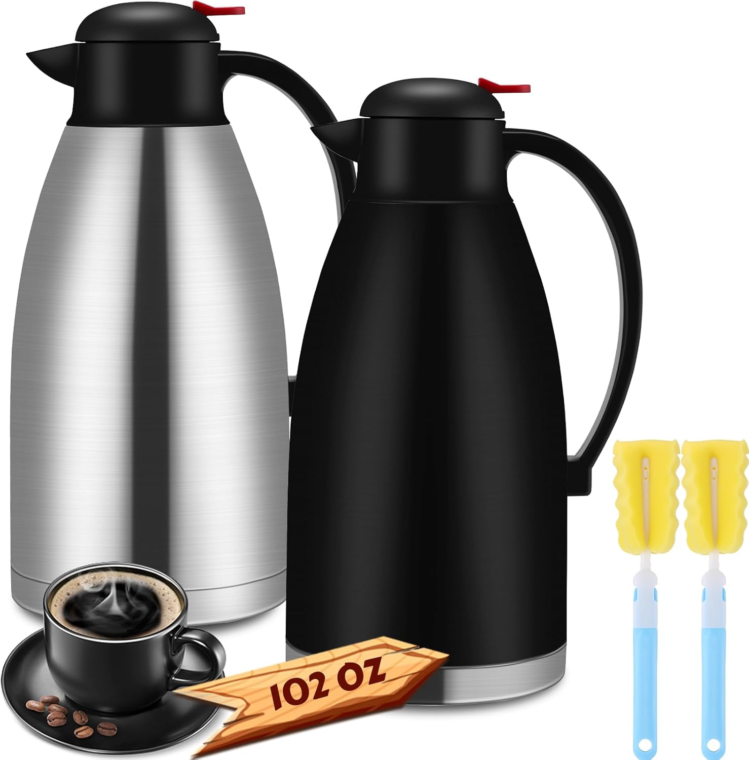 Nuogo 2 Pcs 102 oz Thermal Coffee Carafe Insulated Stainless Steel Carafe Double Walled Vacuum Coffee Pot Creamer Pitchers with Brush for Home Office Use Keep 24 Hours Hot Water Tea(Silver, Black)