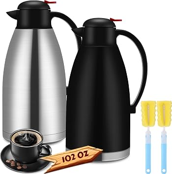 Nuogo 2 Pcs 102 oz Thermal Coffee Carafe Insulated Stainless Steel Carafe Double Walled Vacuum Coffee Pot Creamer Pitchers with Brush for Home Office Use Keep 24 Hours Hot Water Tea(Silver, Black)