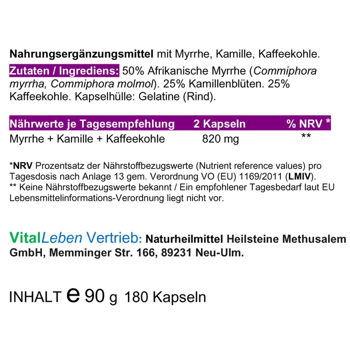 MYRRHE + KAMILLE + KAFFEEKOHLE Balsam für den gestressten Darm 180 Pulver Kapseln nach AYURVEDA und Hildegard von Bingen - NATUR pur - OHNE ZUSATZSTOFFE. 27160-180