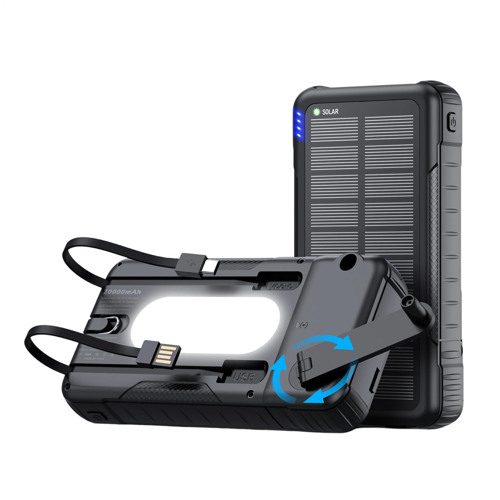 Batteria Portatile Con Pannello Solare Power Bank Impermeabile 20000mAh | Power Bank con Manovella e Energia Solare Per Smartphone, Fotocamera, Tablet, Campeggio, Escursionismo E Zaino In Spalla