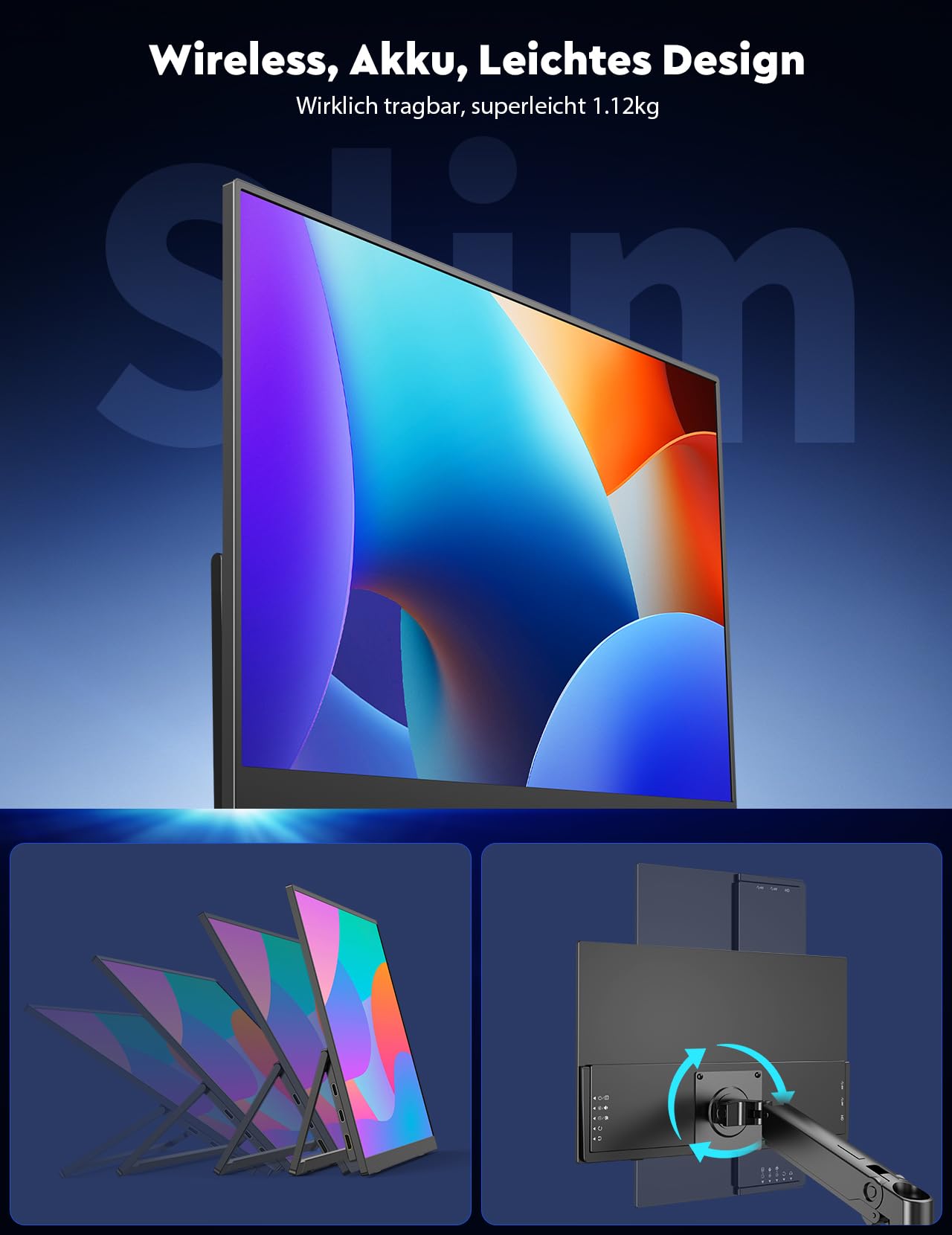 MAGICRAVEN 16" 2.5K Kabelloser Portable Monitor mit 8000-mAh Akku, 1600P Tragbarer Monitor, Laptop Bildschirm Erweiterung, Mobiler Monitor IPS Screen, Unterstützt AirPlay/Miracast,für Laptop/Telefone