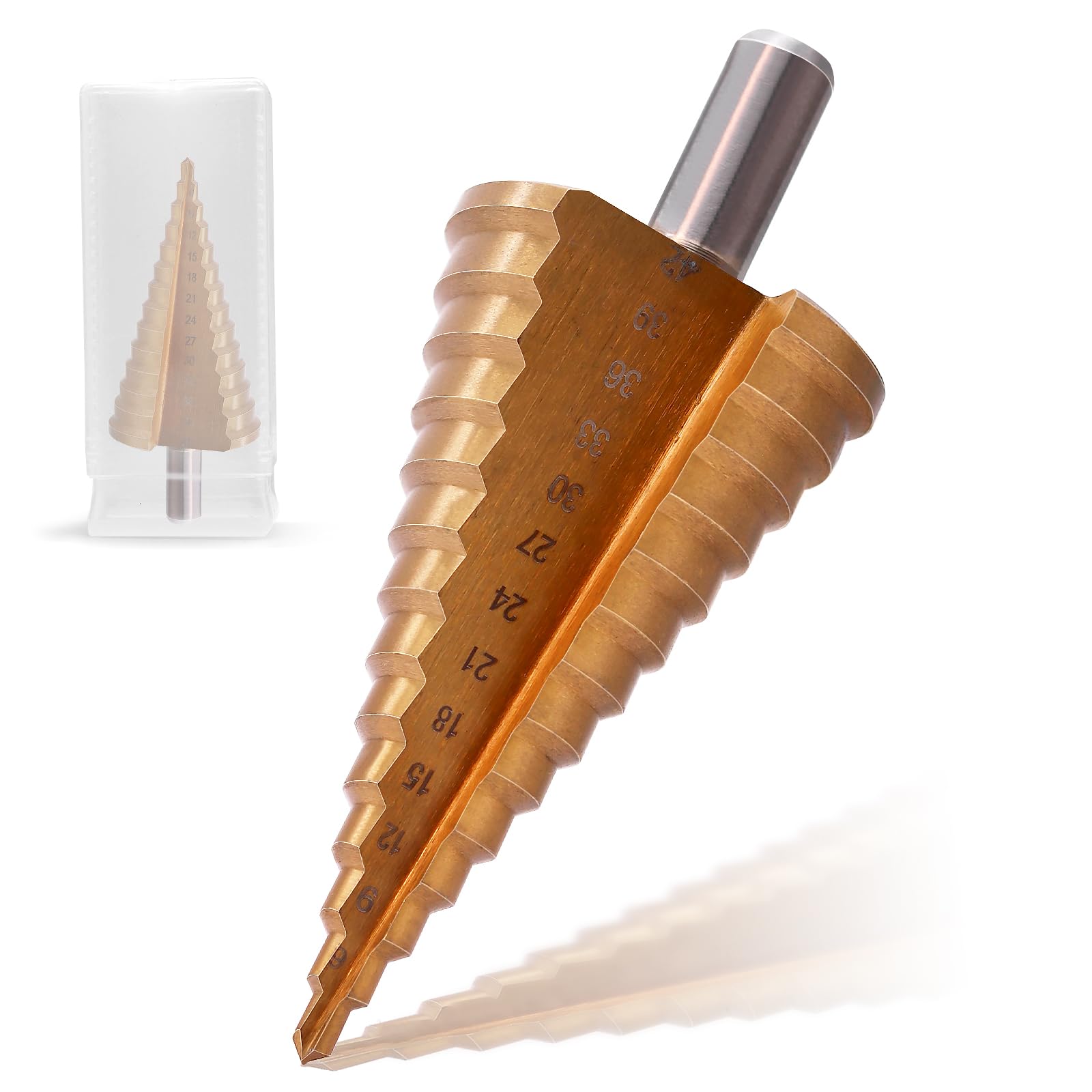 Broca escalonada HSS de metal - 14 niveles - Broca cónica de 4 a 42 mm de diámetro - Para metal, madera, plástico - Eje de 10 mm