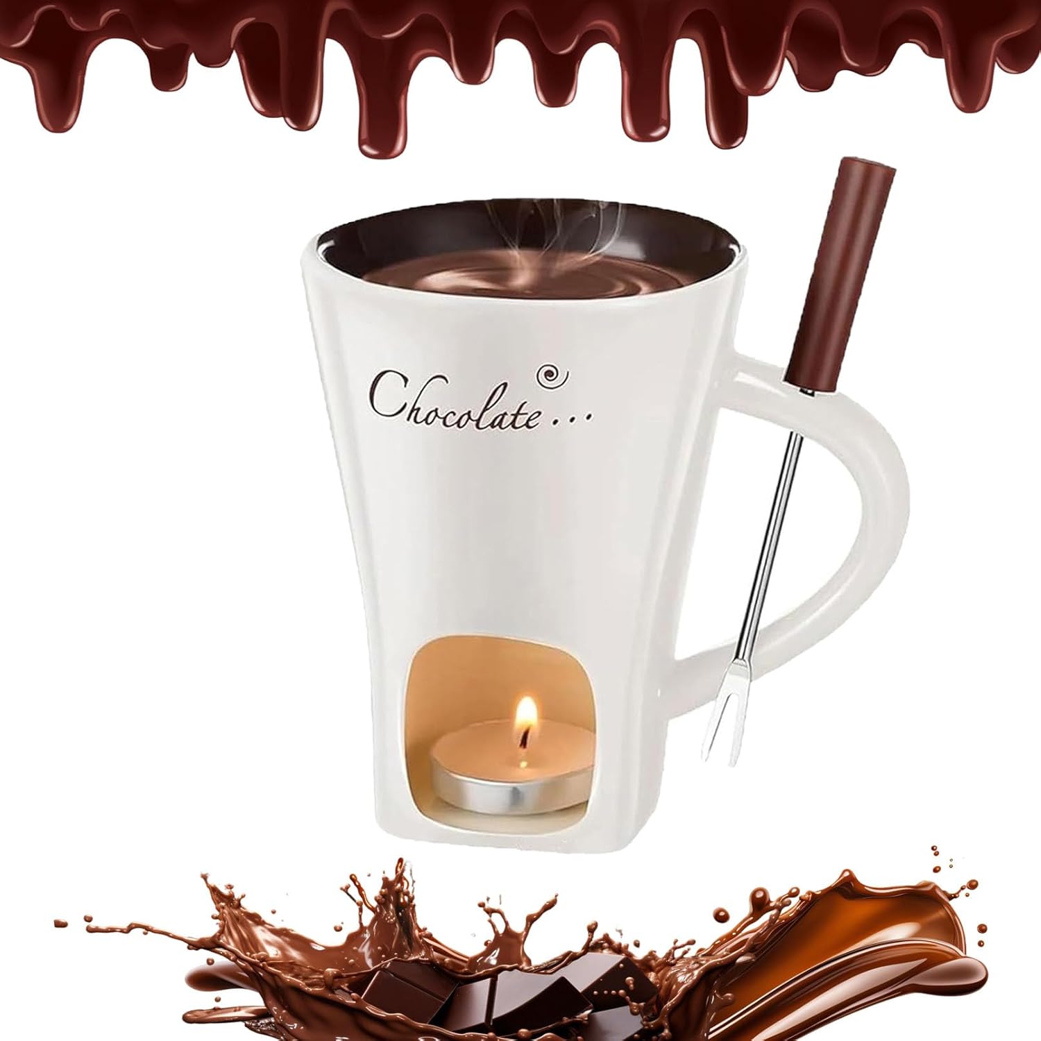 Chocolate Fondue Mug, Mini Ceramic Chocolate Melting Mug with Forks, Candle and Cup Cloth, Fondue Cup for Chocolates Cheese Desserts, Date Night Birthday Wedding Gifts (Mixed,3Pcs)