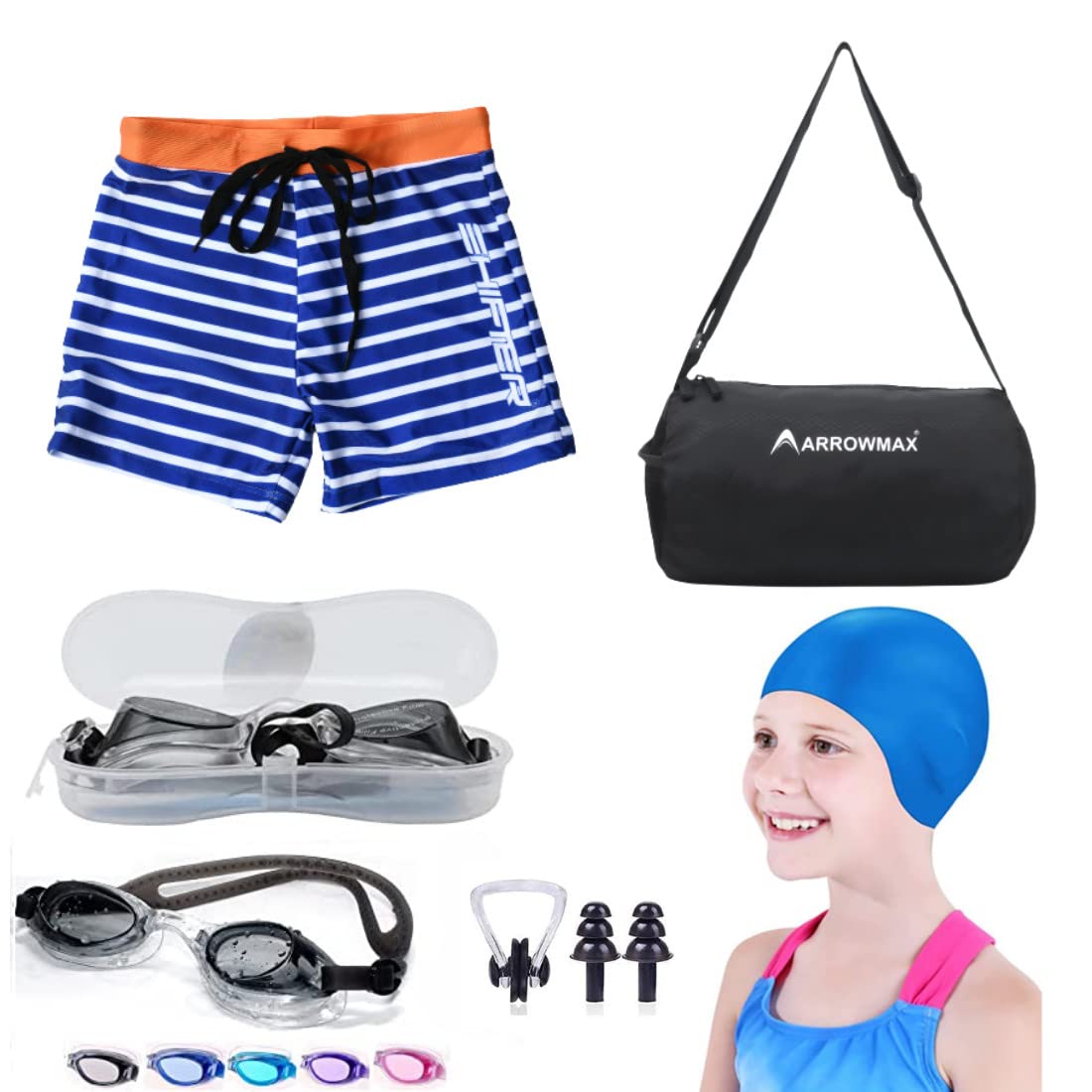 Swimming Costume Shorts for Kids with Cap | Anti Fog Swimming Goggles | Silicone Swim Cap for Kids | Earplugs Noseplugs Set Swimming Combo Kit with Carry Duffle Gym Bag (6-7 Years)