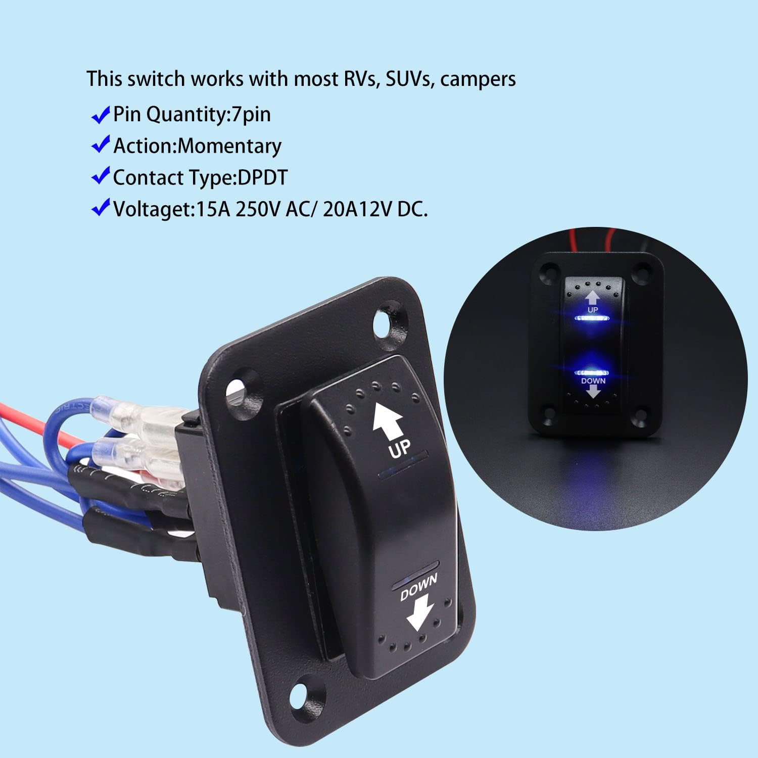 weideer 20A 12V Polarity Reversing Momentary Rocker Switch DC Motor Control 7Pin Up Down Blue LED Winch in/Out Switch with Aluminum Plate Screw Pigtail Wire K-053