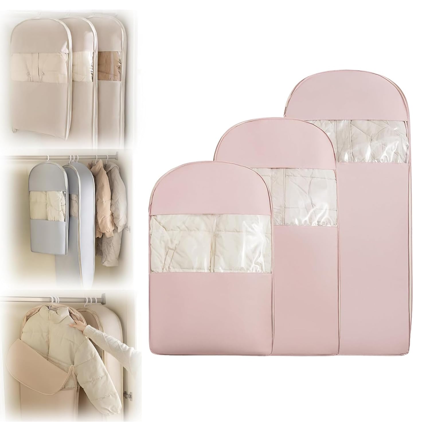 Ysinobear Pink Space Saving Hanging Garment Bag With Self Compression Zipper,Space Saver Closet Organizers,Large Dust Cover Clothes Bags For Down Coat,Dust Cover Clothes Storage Bags ﻿ ﻿ (, 3Pcs)