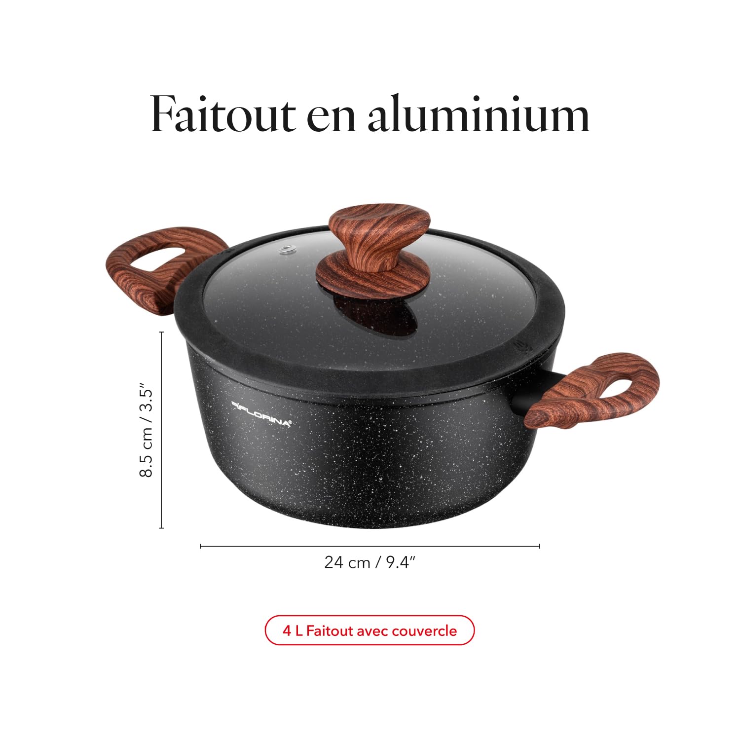 FLORINA MASTER BLACK Cocotte en aluminium 24 cm 4L | Revêtement antiadhésif | Pour tous types de plaques de cuisson, y compris induction | Poignées ergonomiques soft-touch