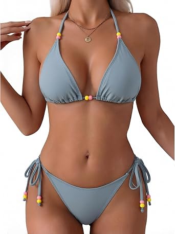 UMIPUBO Womens Triangle String Tie Bikini Set Halter Two Piece Swimsuit | Halter Tie Design, Back Tie Straps, Colorful Bead Decor, Removable Padded Cups, Cheeky String Cut, For Beach Pool Vacation